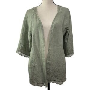 Valentina Naldi 100% Linen Open Cardigan Sage Green Crochet Trim One‎ Size Boho
